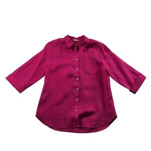 Chicos No Iron Linen Solid Shirt Haute Pink 3/4 Sleeve Button Down Size 0 S 4/6